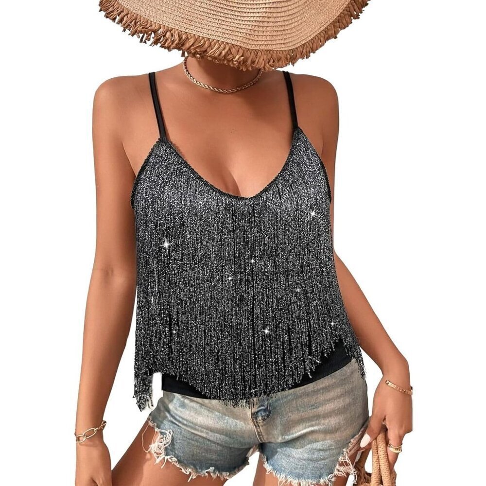 Women's Silver Black Fringe Tank Top Western Festival Clothing V Neck Outfits